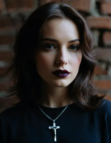 A young woman is centered in the photograph, capturing her from the chest up against a blurred brick wall background. She has short, shoulder-length brown hair with a subtle wave and wisps gently framing her face. The woman's eyes have a contemplative or serious expression, and one is partially obscured due to the angle of the shot. She is adorned with a silver nose ring and wears dark lipstick that contrasts with her fair skin. A silver necklace with a crucifix pendant hangs around her neck, laying atop a dark blue, crew-neck shirt that seems soft and comfortable. The lighting is subdued, giving her features a soft, natural appearance.