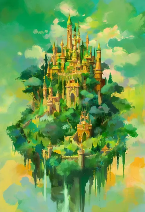 Abstract representation of a high fantasy realm, using broad strokes of vibrant greens and golds to illustrate enchanted forests and floating castles. Tags: vibrant greens, golden hues, enchanted forests, floating castles, abstract landscape, high fantasy, magical kingdoms, ethereal beauty, broad brush strokes, fantasy art, mythical architecture, surreal environments, imaginative realms, lush visuals, dreamy skies, otherworldly nature.