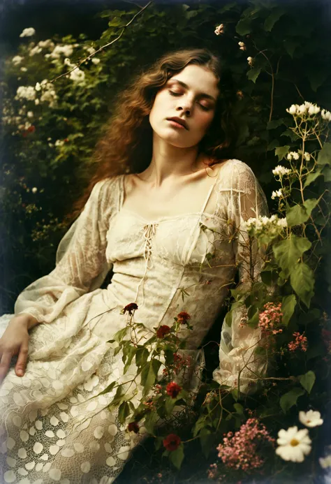 Ethereal Beauty in a Garden, digital art photograph, woman's face and body obscured by flowers, lace-trimmed garment, soft lighting, translucent fabrics, ethereal quality, dreamlike atmosphere, subtle colors, natural garden setting, Sally Mann-inspired style.