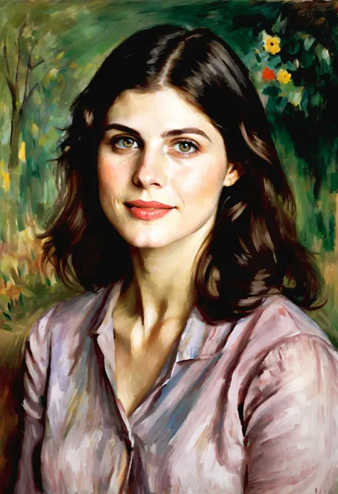 Alexandra Daddario as the Muse of Painting, Impressionist-style illustration, inspired by Max Liebermann's work, Alexandra Daddario's face, gentle smile, soft focus, pastel colors, delicate brushstrokes, artistic rendering, dreamy atmosphere, romanticism, femininity, elegance, subtle makeup, ethereal glow, classical music vibe.