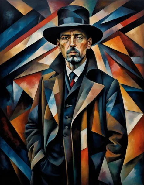 A man in historic clothing, wearing a long coat and a hat, is standing in front of a dark background. His face is contorted in an expressionist style. The colors are cubist, with sharp angles and overlapping shapes. The man is inspired by the character Shaft from the novel "E. T. A. Hoffmann" by Polish artist zdzislaw beksinski.