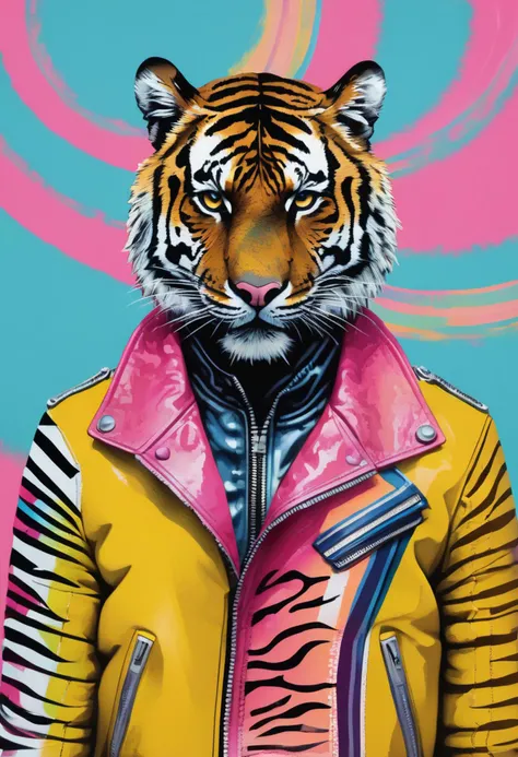 A tiger's head rests atop a human body clothed in a stylish, detailed leather jacket adorned with stripes, digital art, exuding a cool demeanor, abstract pattern swirls in monochromatic tones behind the tiger, over a brightly colored field that transitions from yellow to pink