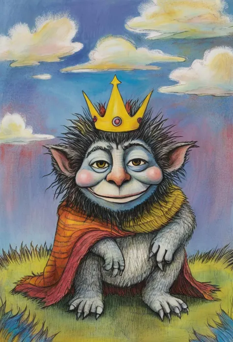 Kingdom of wild things, mixed media, tribute to Maurice Sendak, tags: kingdom of wild things, Maurice Sendak, mixed media, wild creatures, crowned child, playful rebellion, vibrant kingdom, imaginative, fantastical, storybook style, expressive creatures, joyful chaos, child ruler, colorful, textured art, bold strokes, dynamic scenes, creative narrative, lively interactions, fantasy realm.