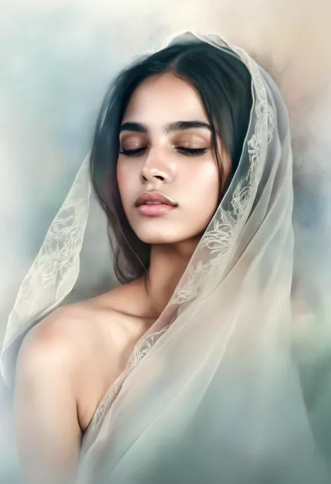 Delicate Portrait with Soft Focus, digital artwork, soft focus, pastel colors, gentle lines, intricate details, subtle texture, intimate atmosphere, delicate beauty, Leila Abdulrahman's style, feminine features, closed eyes, gentle expression, peaceful mood, quiet contemplation, serene portrait, detailed rendering.