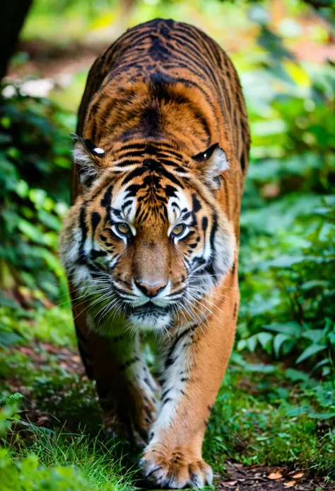 Majestic tiger prowling with focus, color digital photograph, tags: foreground tiger, attentive expression, orange fur with black stripes, whiskers, background lush greenery, ambient lighting, wildlife, predator, big cat, nature, stealth, power, concentration, detailed fur texture, natural habitat, animal behavior, close-up view
