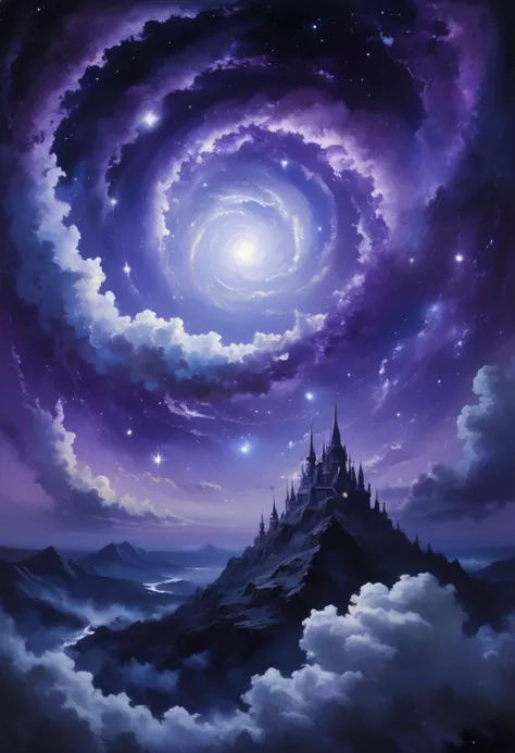 Abstract depiction of a mythical nightscape, blending swirls of dark purples and silvery whites to represent celestial energies and mythical creatures hidden in the clouds. Tags: ethereal, swirling colors, celestial, dark purple, silvery white, abstract art, mythical creatures, clouds, nighttime, mystical energies, dreamlike, mysterious aura, starry elements, otherworldly visuals, deep night, magical ambiance, cosmic mystery.