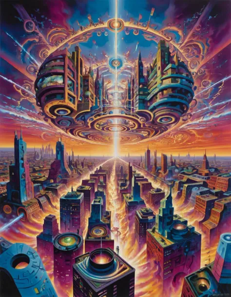 A detailed matte painting of a futuristic cityscape, featuring kaleidoscopic patterns and infinite, ever-shifting perspectives. The painting depicts a city that seems to be in constant motion, with buildings that twist and turn in impossible ways. The patterns on the buildings and the streets are intricate and mesmerizing, with vibrant colors and intricate details. The sky is a swirling vortex of colors, with streaks of light and energy that seem to be pulsing with life. The overall effect is one of dizzying, otherworldly beauty, with a sense of infinite possibility and endless potential.