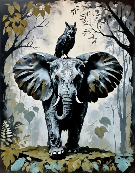 A majestic owl is perched on top of an elephant's back, with its wings spread out. The elephant is walking through a dense jungle, with tall trees and vines surrounding them. The owl's feathers are a deep brown, with hints of black and white. Its eyes are piercing and yellow, with a sharp beak and tufts of feathers around its head. The elephant's skin is a deep grey, with wrinkles and creases. The acrylic painting is done in a cracking technique, with thick layers of paint creating texture and depth. The colors used are chocolate, with hints of brown and black. The overall effect is that of a dark and mysterious jungle scene, with the owl and elephant standing out in stark contrast to the surrounding foliage., Surrealism, abstract expressionism, bold brushstrokes, unexpected juxtapositions, symbolic elements, arbeitsrat für kunst style.