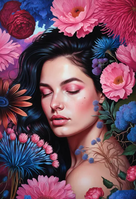 Surrealistic Hyperrealistic Portrait of a Woman, digital artwork by Christian Hilfgott Brand, woman's portrait, surrealistic, hyperrealistic, 8k resolution, high-definition, detailed facial features, vibrant colors like pink and blue, dreamlike atmosphere, flowers in hair, gentle smile, eyes closed, mystical expression, ethereal quality, realistic texture.