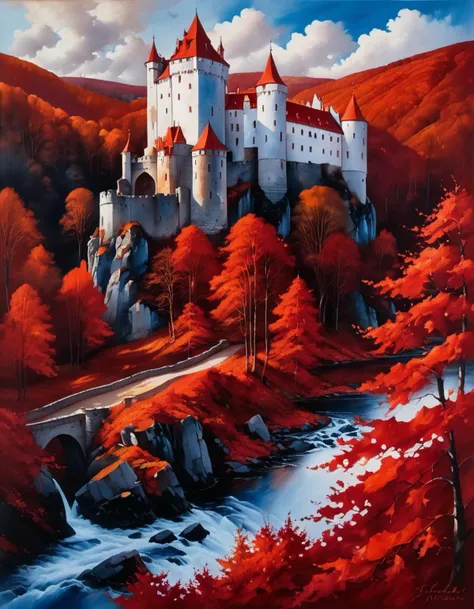 A vibrant red landscape with towering rock formations and a river running through it. The sky is a deep blue with wispy white clouds. In the distance, there is a castle with a red roof. The castle is surrounded by trees with red leaves. The landscape is inspired by the style of land art, J.C. Staff, and Zdzislaw Beksinski.