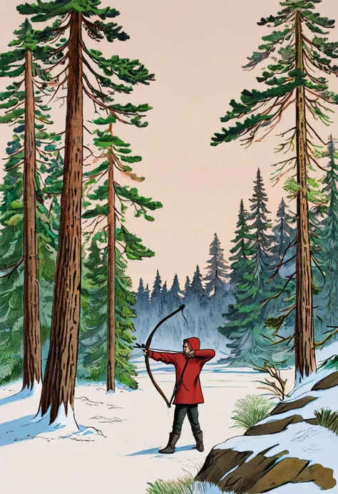 A person in a red hoodie and black pants stands on a pile of snow-covered rocks in the midst of a pine forest. The individual is drawing a bow without an arrow, aiming upwards towards the tree canopy. The person's right hand pulls the bowstring back while the left hand holds the bow outstretched. Surrounding trees provide a dense backdrop of green pine needles, and the ground is blanketed with snow, indicating wintertime or a cold climate. There's a calm and focused demeanor about the archer as they practice the motion of archery.