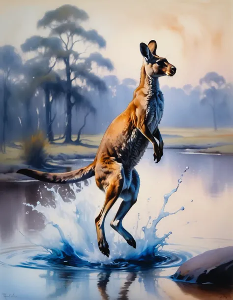 A whimsical sketch of a kangaroo hopping through ink in water, splashing effect, using Australian tonalism, inspired by Ren Renfa