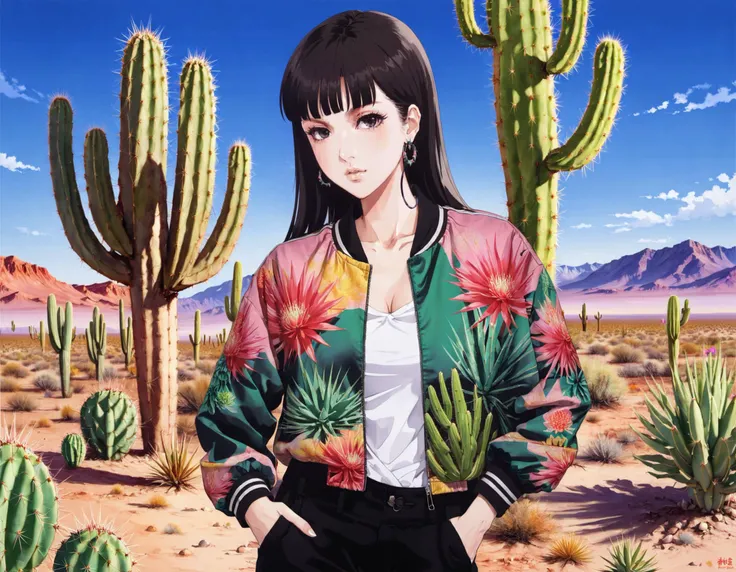 anime manga portrait of a woman Donning a vibrant, patterned bomber jacket with an oversized collar and coordinating trousers Blooming cactus, desert flora, resilient beauty, stark landscape, sun-drenched hues