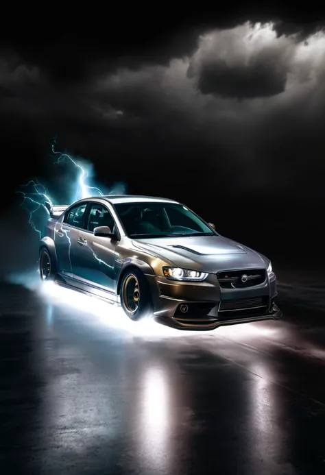 metallic turbo Car, high voltage lightning, plasma, high quality, highly detailed, raw, dramatic lighting, dark background