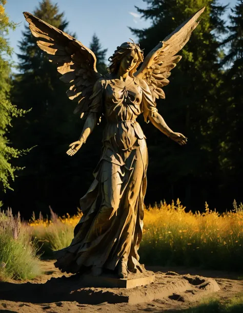 A majestic sculpture of a beautiful gothic Trust angel, created by artist Frank Auerbach in the style of land art. The sculpture is made of Wet sand and stands over 10 feet tall. It is situated in a field of wildflowers, surrounded by tall trees. The sun is setting in the background, casting a warm orange glow on the sculpture.