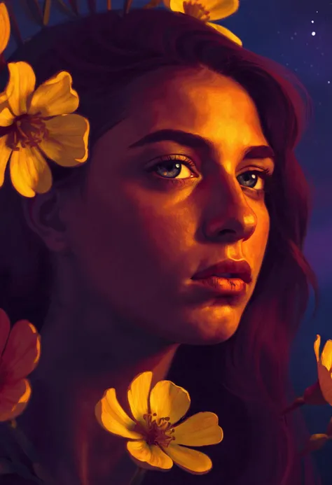 In this stylized portrait, we see a close-up of a woman's face, illuminated by the soft glow of moonlight. Her eyes are lustful and deep in focus, as if she is lost in thought or contemplation. The flowers surrounding her are vividly colored, with hues ranging from deep red to bright yellow. This image captures the birth of the Olympian gods, with a sense of detestable beauty that is both fine art and stylized.