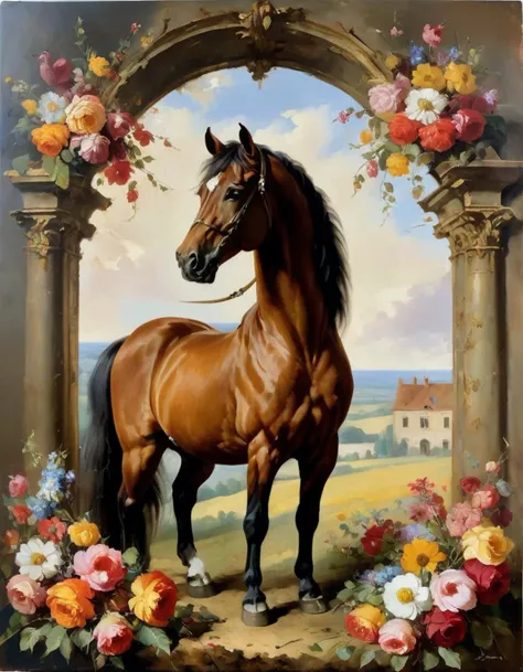 A Dutch Baroque painting depicts a majestic horse standing in a field of vibrant flowers. The horse has a gentle expression, with a soft and fluffy mane and tail. The horse's coat is a rich, warm brown, with hints of red and gold. The flowers in the foreground are a mix of bright pink and yellow roses, daisies, and sunflowers. The background is a brick palette, with a distant farmhouse and rolling hills. The painting is in the style of American Romanticism, with a focus on capturing the beauty and emotion of the natural world. The overall effect is one of tranquility and peace, with a sense of harmony between the horse, the flowers, and the landscape., Baroque style, realistic representation, vibrant colors, dramatic lighting, in the style of Jan Asselijn.