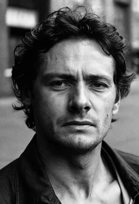 Raw and Rough Street Photography, black and white analog photograph, candid portrait, street scene, man's profile, close up, intense gaze, harsh lighting, dramatic shadows, rough texture, gritty urban background, city life, candid moment, raw emotion, cinematic style.