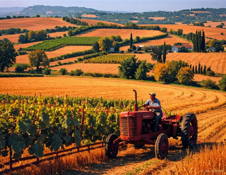 Harvest time, bountiful crop, tractor, rural landscape, reminiscent of John Steinbeck's Grapes of Wrath