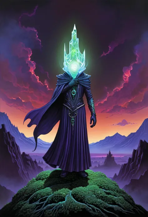 In a world inspired by the illustrations of Moebius, we see a dark fantasy landscape with sci-fi elements. A towering city is visible in the distance, its tall spires reaching for the sky and casting long shadows over the land. The buildings are constructed from black obsidian and glowing crystal, their surfaces reflecting an eerie glow that illuminates the night.
In the foreground, a lone figure stands. They are dressed in a rich jewel-toned outfit, a deep purple cloak draped over their shoulders and a vibrant emerald green tunic beneath. The fabric shimmers with iridescence, catching the light and casting a kaleidoscope of colors in its wake.
The figure's face is obscured by a dark hood, but their hands are visible, adorned with intricate silver jewelry that glows softly with an otherworldly energy. They carry a staff made from twisted black vines, the top crowned with a glowing amethyst crystal.
Surrounding the figure, the landscape is rich with fantastical flora and fauna. Bioluminescent plants cast a soft light on their surroundings, while strange creatures move through the undergrowth. One such creature, a dark fantasy beast with iridescent scales, watches the figure from the shadows.
Despite the darkness of the scene, there is a sense of beauty and wonder. The colors are rich and vibrant, the sci-fi elements blending seamlessly with the dark fantasy aesthetic to create a world that is both familiar and otherworldly. Glowing accents highlight key details, drawing the viewer's eye to the most important aspects of the scene.