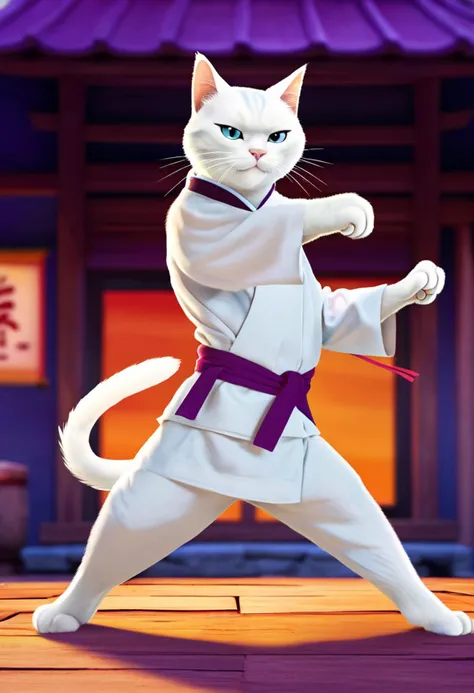 Martial Artist Cat in Action, digital animation, anthropomorphic white cat, martial arts pose, vibrant colors, stylized, determined expression, traditional costume, animated character, sword, purple backdrop, wooden architecture, Asian-inspired setting, lanterns, empty street, daytime, shadow, dynamic stance, clear focus on character, softly blurred background.