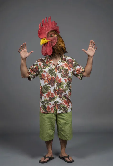 a man with an anthropomorphic rooster head instead of his own, he is wearing a hawaiian shirt, green pair of shorts, a pair of flip-flops and has long clawy arms