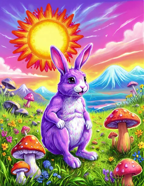 A color pencil sketch of a super cute and friendly creature with a phantasmagoric scenery in the background. The creature is a small, fluffy, and pastel-colored rabbit with big, sparkly eyes and a long, floppy tail. The creature is sitting on a grassy hill surrounded by vibrant flowers and mushrooms. In the background, there is a colorful and surreal landscape with floating islands, a rainbow bridge, and a giant, smiling sun. The sky is a mix of pink, purple, and orange hues.