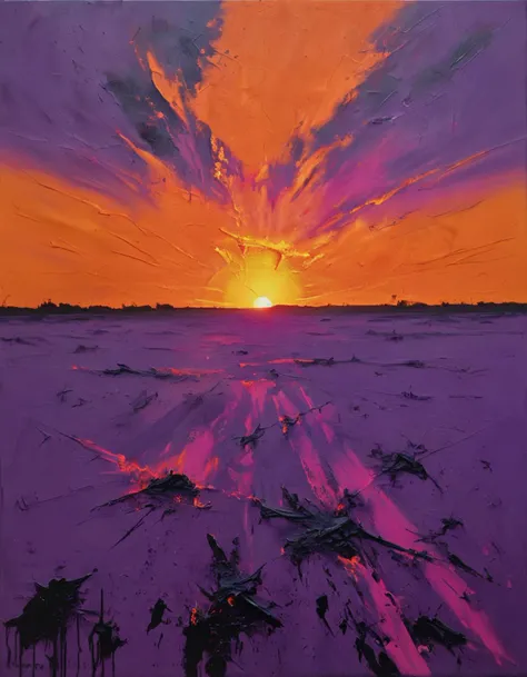 The painting depicts a stunning sunset over a vast, empty landscape. The sun is a brilliant orange, casting long shadows over the barren terrain. The sky is a deep shade of purple, with streaks of pink and orange. The painting is highly textured, with thick layers of paint creating a sense of depth and movement. The title, "Echoes of the Void," suggests a sense of emptiness and isolation, but the beauty of the sunset creates a sense of hope and wonder.