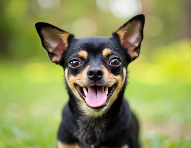Alert Chihuahua Gazing, color digital photograph, dog, close-up, Chihuahua, black and tan, tongue out, bright eyes, perked ears, bokeh background, natural light, blurred greenery, animal portrait, focused subject, shallow depth of field, outdoor setting