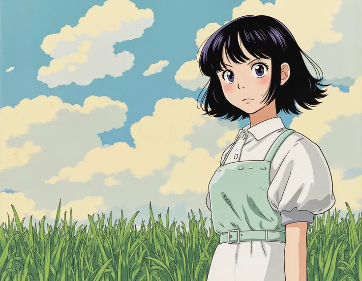 close up portrait of a young woman standing against a Marsh background, retro shojo anime style