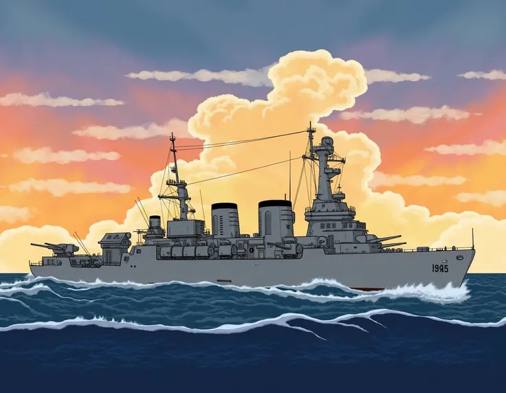 Battleship at Sunset, digital illustration, warship, ocean, sunset, clouds, vector art, flat style, side view of ship, gun turrets, superstructure, antennae, mast, waves, tranquil sea, gradient sky, warm colors, navy vessel, military, maritime, seaworthy, dusk lighting, serenity