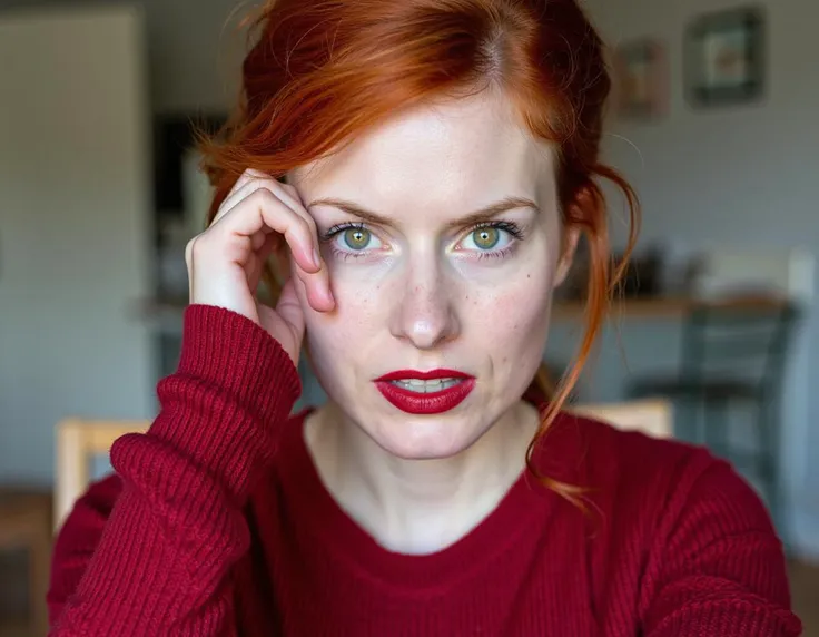 Intense Gaze, color digital photograph, woman, fiery red hair, green eyes, red lipstick, direct gaze, red sweater, hand near face, fair skin, freckles, indoor setting, shallow depth of field, natural light, personal style, contemplative expression, textured backdrop, close-up shot