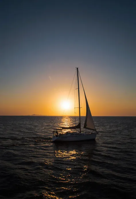 Sailboat against Sunset Glow, digital photograph, sailboat, golden hour, ocean, sunset, silhouette, reflection, shimmering water, peaceful, horizon, tranquil, warm colors, outdoor, natural light, centered subject, sailing, clear skies, leisure, 