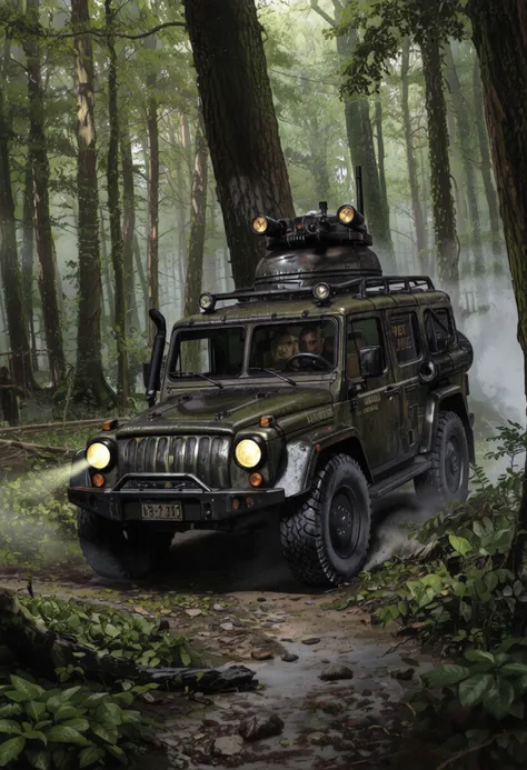 concept armored car mix frog, dieselpunk, sci-fi, ian mcque, poisonous swamp forest