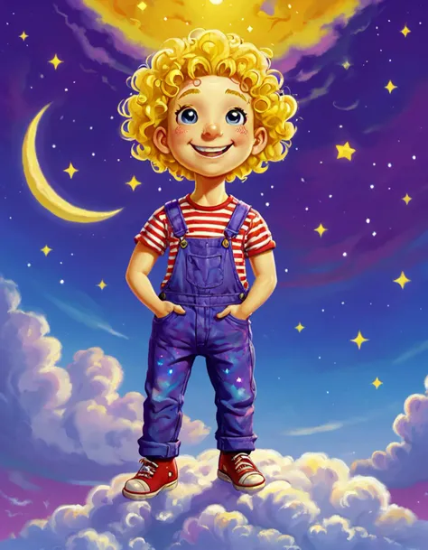A cartoon character with a full head of hair, which is a mass of curly, bright yellow hair. The character is standing on a cloud in a dreamlike landscape. The sky is a deep shade of purple, and there are stars and a crescent moon in the sky. The character is wearing a red and white striped shirt and blue overalls. The character is holding a paintbrush and a canvas, and there are other paintings and art supplies scattered around the cloud. The character is smiling and looking at the viewer with a twinkle in their eye.