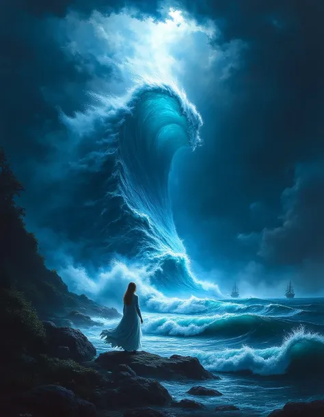 detailed scene, Aalone figure in a flowing, ethereal robe stands at the edge of a stormy coastline, facing a towering, churning wall of water. The ocean swells violently, its waves illuminated by a mystical, bluish glow that pierces through the dark storm clouds above. The sky is a chaotic mix of dark stormy hues and radiant light, creating an intense contrast between the heavens and the turbulent sea. In the background, distant ships struggle against the towering waves, adding to the scene's sense of impending doom and elemental power. The figure, though small in comparison to the overwhelming forces of nature, exudes a calm, almost commanding presence, as if in control of the storm or deeply connected to it. The palette is dominated by cool blues and blacks, with sharp lighting creating a dramatic, otherworldly atmosphere. <lora:MidjourneyV6.1:1>