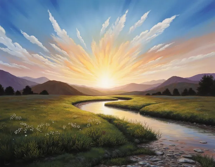 (At First Blush:0.0) A painting of a sunrise, with the first rays of light softly illuminating the landscape, symbolizing initial impressions or reactions,
