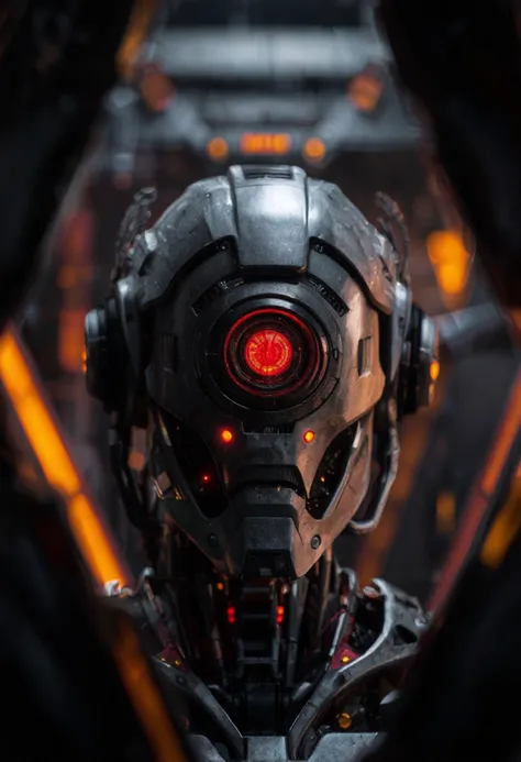 Futuristic robot with glowing singular red eye framed by industrial shapes, digital 3D render, tags: robot in foreground, complex mechanical details, industrial background, vibrant orange and yellow lighting, contrasting shadows, science fiction theme, cybernetic, close up on robot head, artificial intelligence, dark environment, colorful illumination, futuristic technology, metallic textures, glowing elements, ambient occlusion, depth of field effect.,