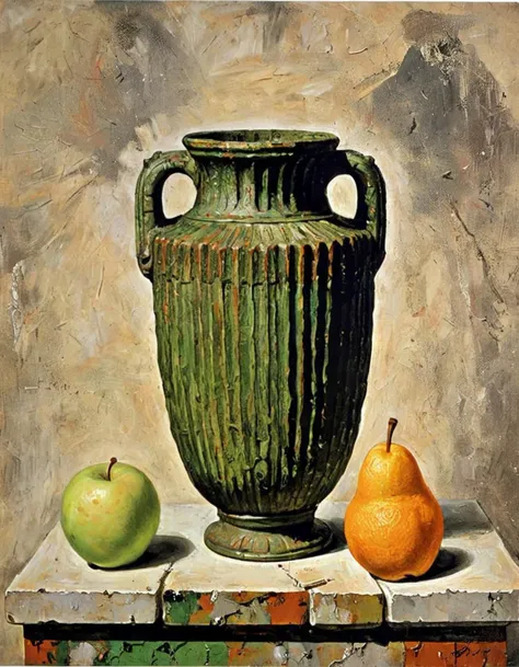 A still life painting depicting a palladian style vase filled with rough, textured surfaces. The vase is made of stone, with deep grooves and ridges. The vase is filled with a variety of objects, including a rough, textured orange, a rough, textured green apple, a rough, textured pear, and a rough, textured lemon. The objects are arranged in a way that creates a tactile dimension to the visual exploration. The painting is done in a rough, textured style, with thick layers of paint creating a sense of depth and dimension. The overall effect is one of raw, unpolished beauty.