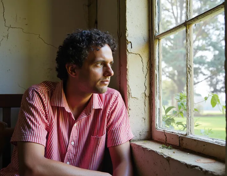 Pensive Figure in a Red-Striped Shirt, color analog photograph, man, red and white striped shirt, curly hair, old window frame, cracked wall, sunlight, calm expression, vintage feel, nature in the background, warm tones, indoor setting, rustic textures, informal attire, contemplative mood, natural lighting, soft shadows
