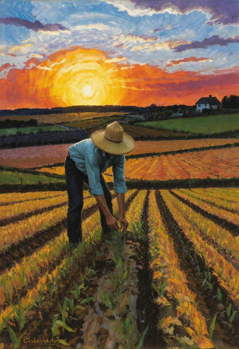 A farmer sowing seeds in a field at sunset, oil on canvas, impressionism, farmer wearing straw hat, golden sunlight, dynamic brushstrokes, contrasting colors, rural landscape, foreground with plowed field, background with setting sun, silhouette of a house, vibrant, textured, movement, manual labor, agriculture, vast sky, art history, impressionist technique,