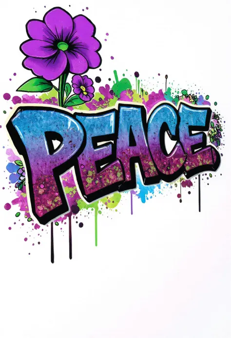 Vibrant Graffiti Art, digital illustration, text "PEACE", graffiti, colorful, flowers, purple, green, blue hues, splatter effect, shadowing, 3D effect, gradient, urban art, street style, bold outlines, bright background,