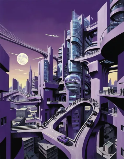 A futuristic cityscape with buildings that defy gravity, resembling the works of MC Escher. The buildings are made of glass and steel, with fluid lines and curves. The buildings are connected by bridges and walkways that seem to defy the laws of physics. The city is in motion, with people and vehicles moving in fluid, graceful motions. The sky is a deep shade of purple, with a full moon casting a soft glow over the city. The concept art is a stunning representation of a world where anything is possible.