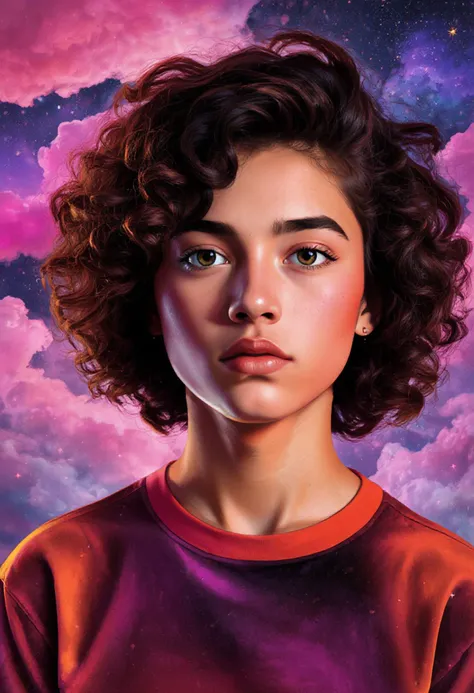 Dreamy digital portrait, modern art style, featuring a young woman with curly hair, vibrant neon colors. Background of cosmic clouds in shades of pink, purple, and orange. Scattered stars embellish shirt and surroundings, emphasizing a celestial theme. Soft lighting highlights her face with a surreal, otherworldly glow.