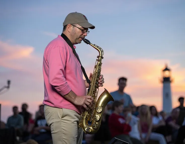 Saxophonist at Sunset, color digital photograph, man, saxophone, playing music, pink shirt, khaki pants, cap, glasses, strap, musical performance, outdoor, bokeh background, dusk, silhouette lighthouse, blurred people, evening sky, casual attire, live performance, leisure activity