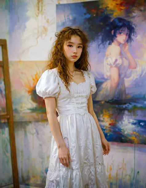 A young woman with long, curly brown hair is wearing a white dress with puff sleeves. The dress has a lace trim around the neckline and hemline. She is standing in front of a painting of an anime character. The painting is in the style of Impressionistic Blurs, with soft, blurred lines and a dreamy, ethereal quality. The woman is looking at the painting with a thoughtful expression.