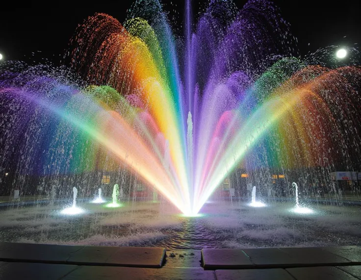 A surreal photo of a fountain where the water arcs turn into vivid rainbows capturing the prismatic light and droplets
