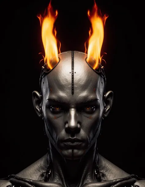 Surrealist digital photography by an unknown artist. The image features a symmetrical composition where the central element appears as a robotic face with an intense, otherworldly expression. Two bright flames emerge symmetrically from the top, resembling fiery horns against a dark background. The metallic face has intricate details, with sharp, geometric lines creating a fantastical and somewhat menacing visage. The glowing flames provide stark contrast, creating an intense and dramatic visual effect, characteristic of surrealism and futuristic themes.