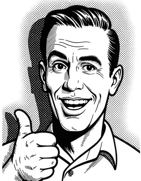 Retro comic book illustration in black-and-white style by Roy Lichtenstein, showcasing a smiling man with exaggerated expressions. Features bold lines, halftone dot patterns, and high-contrast shading. The character, dressed in a collared shirt, gives a thumbs-up against a plain background. The image encapsulates mid-20th-century pop art aesthetics.