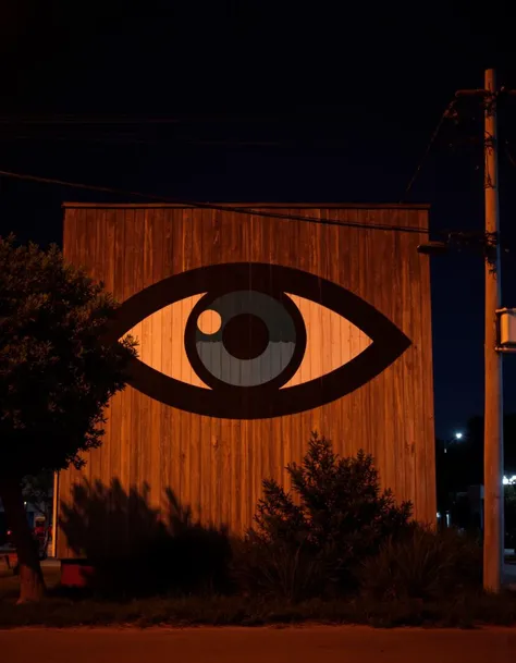 Cinematic night photography with a surreal ambiance. Centerpiece is a large, illuminated eye mural on a wooden wall. Foreground features a tree and power lines, casting dramatic shadows under warm, artificial lighting. The dark surroundings add a mysterious vibe.